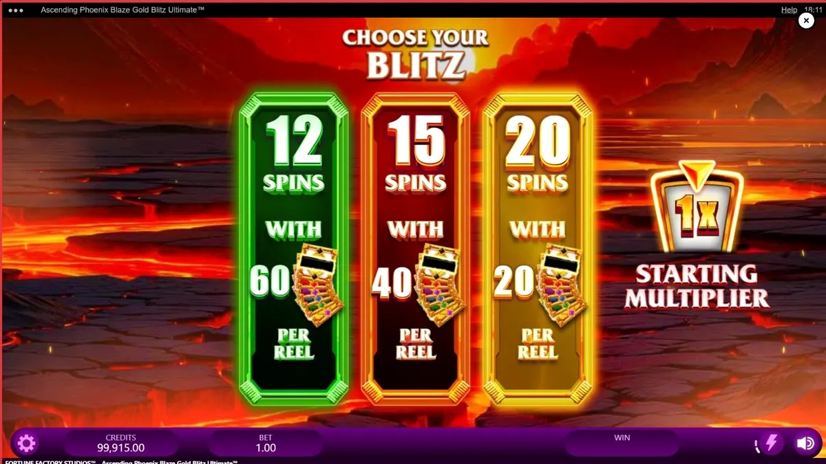 Tampilan visual slot Ascending Phoenix Blaze Gold Blitz Ultimate dengan tema api dan emas