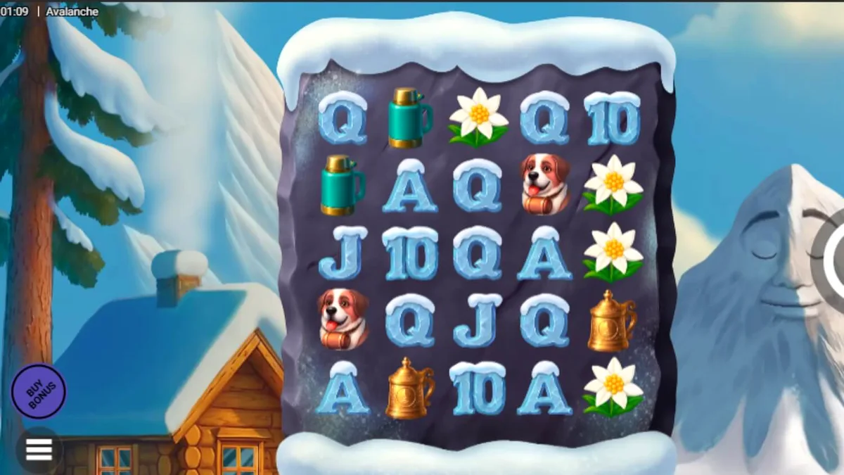 Pemandangan pegunungan bersalju yang indah di slot Avalanche dengan karakter yeti yang lucu.
