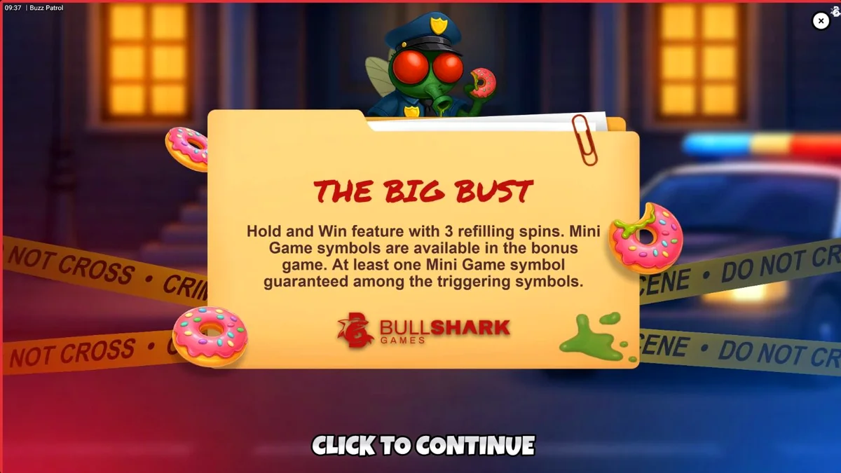 Tampilan layar permainan slot Buzz Patrol dengan tema serangga polisi kartun.